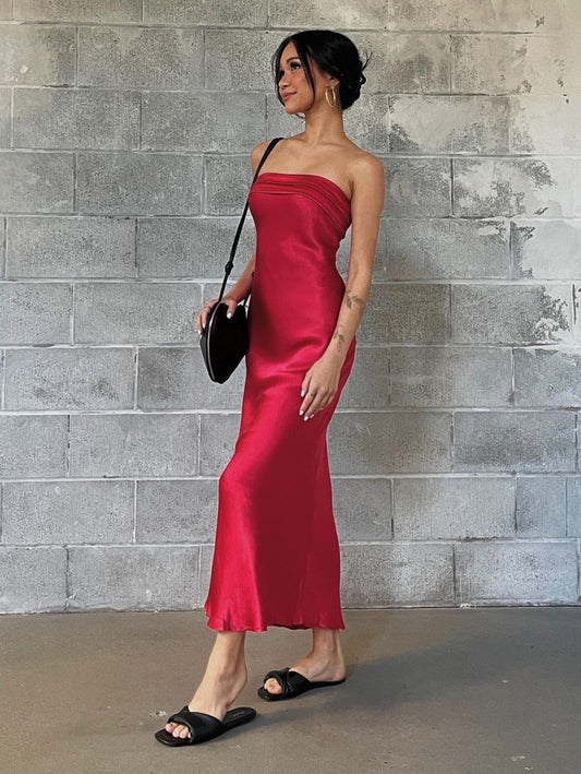 Vestido Maxi Satinado Espalda Descubierta