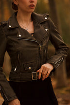 Biker jacket mujer efecto cuero envejecido color kaki street style 