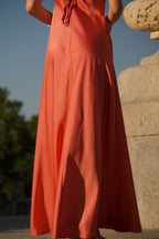 Vestido maxi satén coral mujer tirantes finos abertura lateral