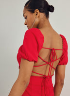 Vestido Rojo Con Mangas Abullonadas