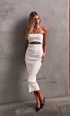 vestido midi banco sin tirantes mujer detalle cut out cintura tendencia 2026