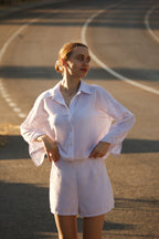 Conjunto blanco mujer camisa oversize y short efecto lino comprar online